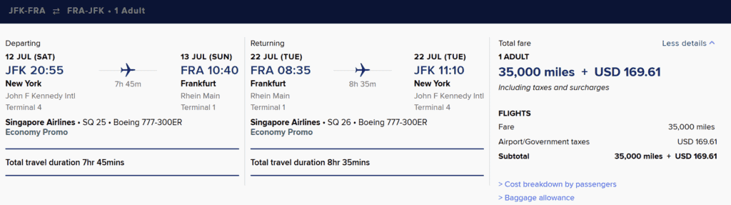 JFK-FRA [Economy in 35K Miles] for Round Trip