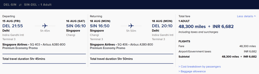 DEL-SIN [Round Trip Premium Economy in 48300 Miles]