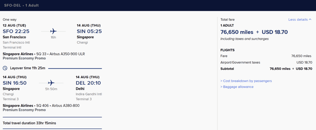 SFO-DEL [One Way in Premium Economy for 77K Miles]
