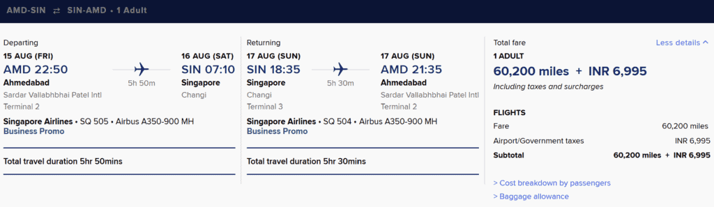 SIN-AMD/HYD [Round Trip Business Class in 60,200 Miles]