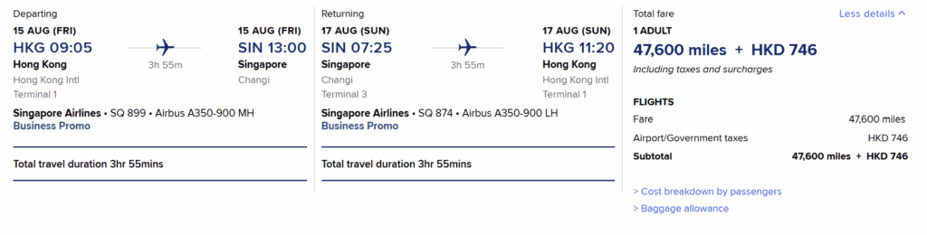HKG-SIN [Round Trip in 48K Miles in Business Class]
