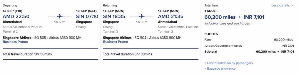 AMD-SIN [Round Trip Business Class in 60200 Miles]