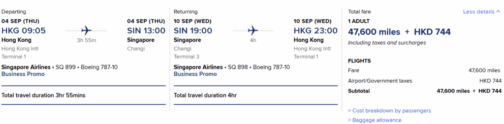 HKG-SIN [Round Trip in 48K Miles in Business Class]