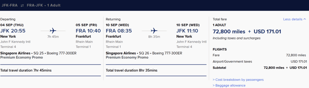 JFK-FRA [Round Trip in Premium Economy for 73K Miles]
