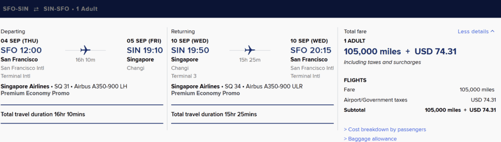 SFO-SIN [Round Trip Premium Economy Cabin in 105K Miles]