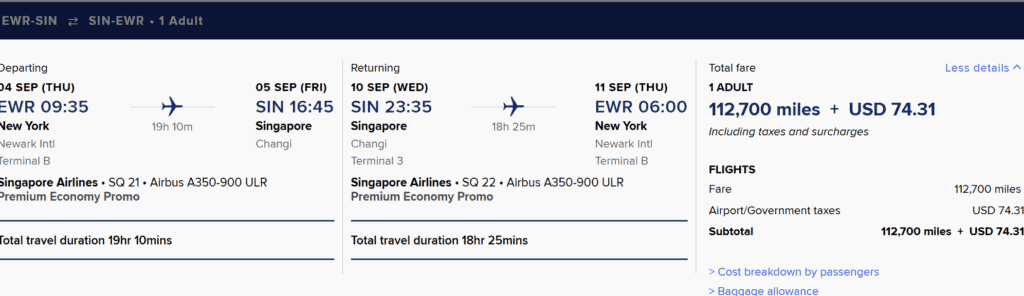 EWR-SIN [Round Trip Premium Economy in 113K Miles]