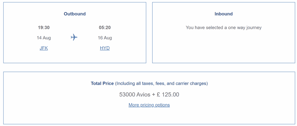 JFK-HYD/BLR/DEL/BOM in 53K Avios & £125 (Economy)