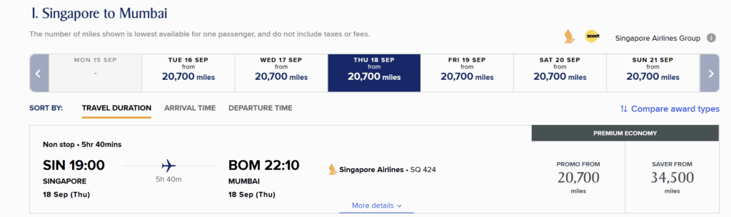 SIN-BOM/DEL [One Way Premium Economy Class in 20700 Miles]