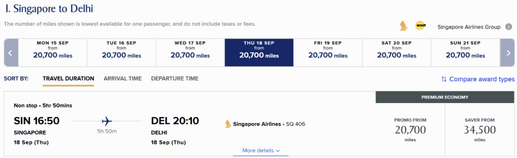 SIN-BOM/DEL [One Way Premium Economy Class in 20700 Miles]
