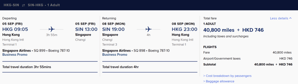 HKG-SIN [Round Trip in 41K Miles in Business Class]