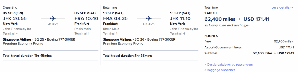 JFK-FRA [Round Trip in Premium Economy for 62K Miles]