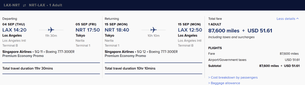 LAX-NRT [Round Trip Premium Economy Cabin in 88K Miles]