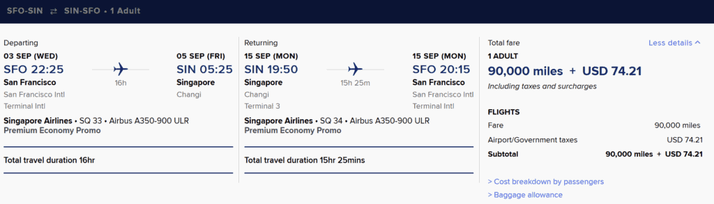 SFO-SIN [Round Trip Premium Economy Cabin in 90K Miles]