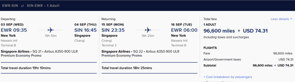 EWR-SIN [Round Trip Premium Economy in 97K Miles]