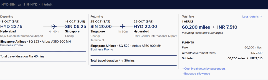 SIN-HYD [Round Trip Business Class in 60200 Miles]