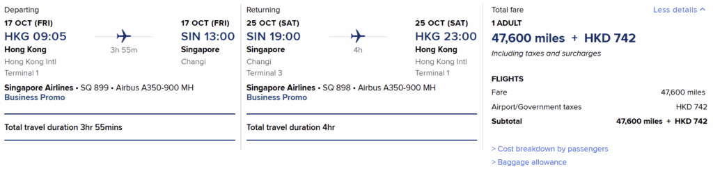 HKG-SIN [Round Trip in 47600 Miles in Business Class]