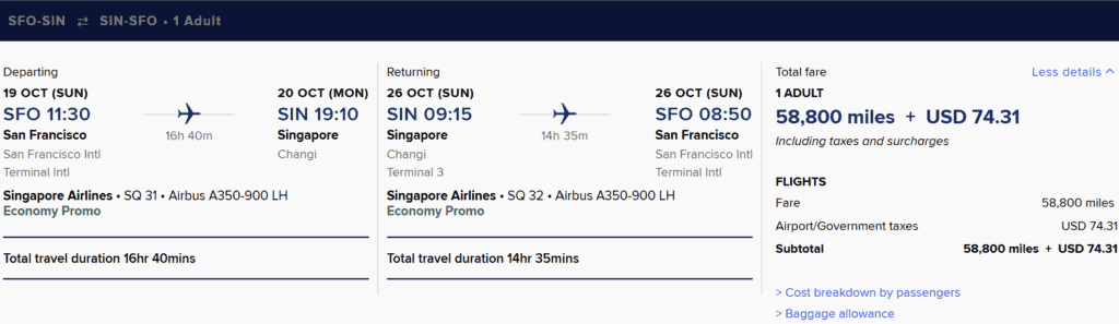 SFO-SIN [Round Trip in Economy Cabin in 58800 Miles]