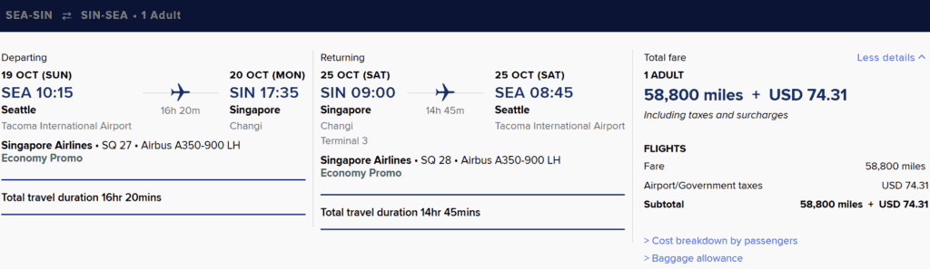 SEA-SIN [Round Trip in Economy Cabin in 58800 Miles]