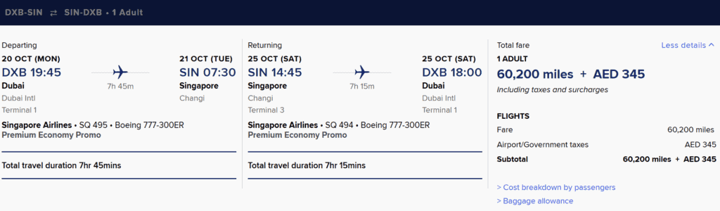 DXB-SIN [Round Trip in Premium Economy for 60200 Miles]