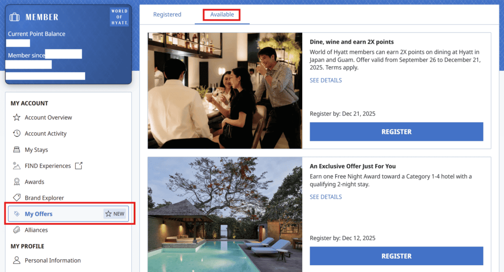 Hyatt Promotions in My Account