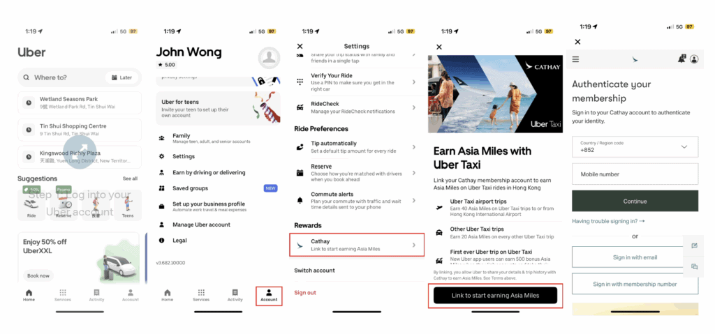 Process of Linking Uber & Cathay Pacific Account