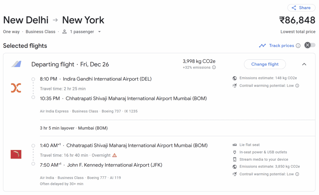 One Way DEL-JFK Air India Business Class under ₹100K