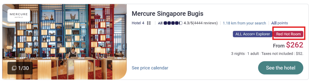 Hotels that are bookable with this benefit are marked as "Red Hot Room".