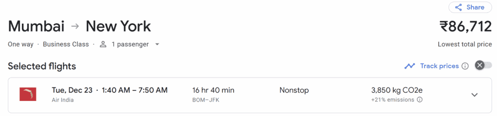 One Way BOM-JFK Air India Business Class under ₹100K