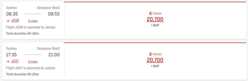 JetStar Sydney to DPS using Qantas Points